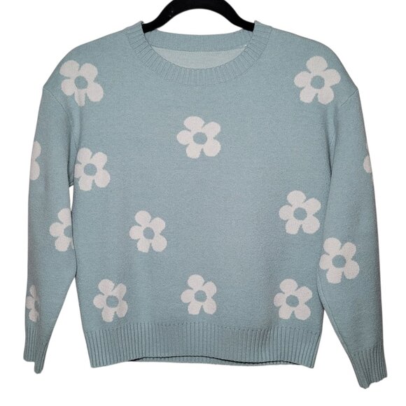 Retro Daisy Floral Print Knit Sweater Crew Neck Teal Blue Girls Boho - Picture 3 of 9